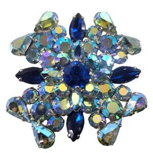 Aurora Borealis Rhinestone Brooch Pin Blue Hues Large  2.31” Sparkle AB Glam